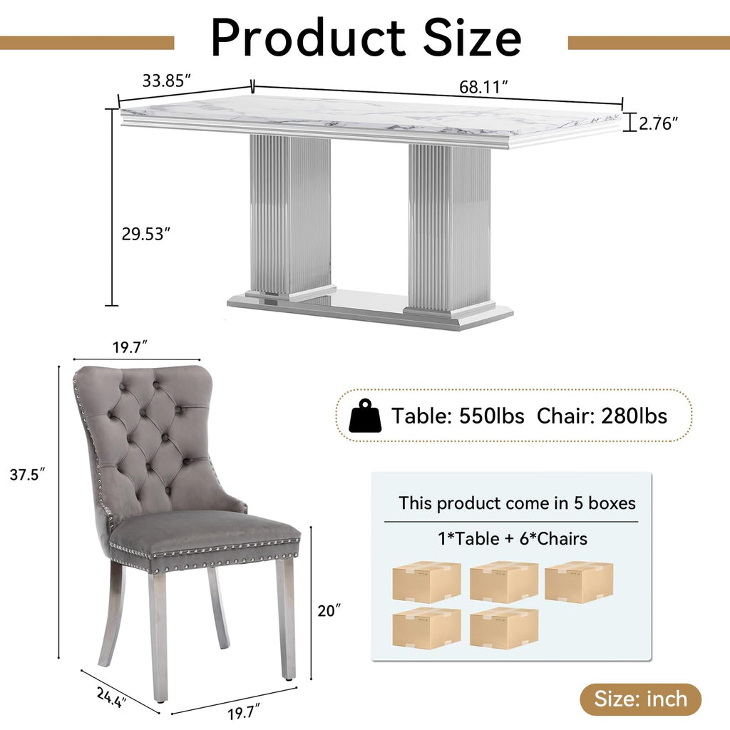 White Marble Dining Table Set for 6, 68 inch White Marble Table with Silver Double Column Stainless Steel Base, Faux