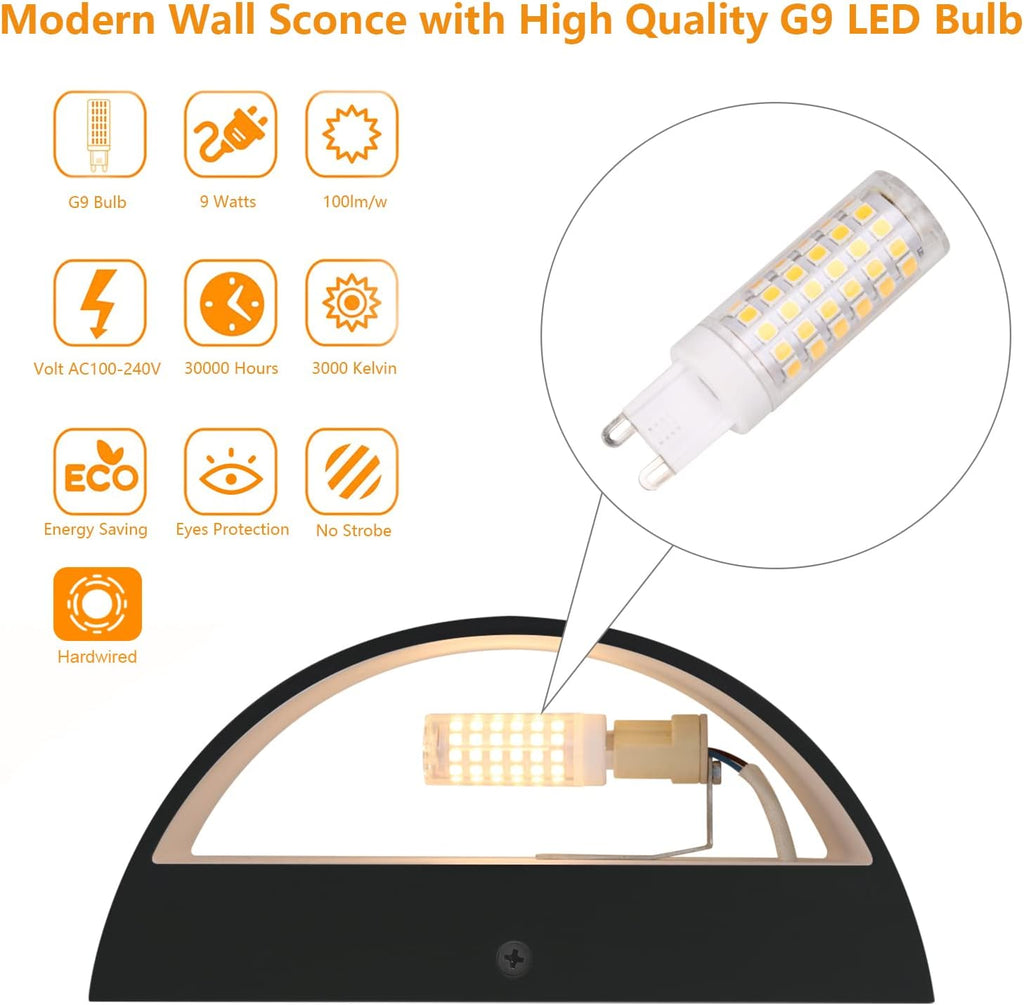 Black Modern LED Wall Sconce Hardwired Indoor Wall Lights Set of 2 Up and Down Wall Mount Light for Living Room