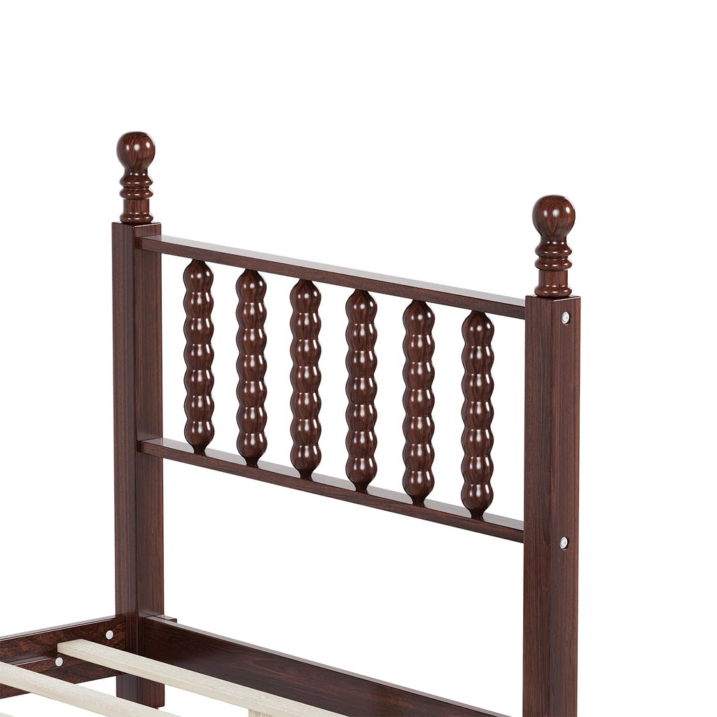Walnut Wood Bed Frame Traditional with Spindle Headboard, Vintage Platform Bed Frames, Retro Bedframe