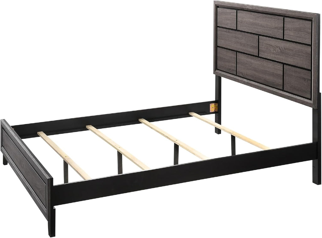 Gray Bed Low Profile Geometric Headboard Solid Wood