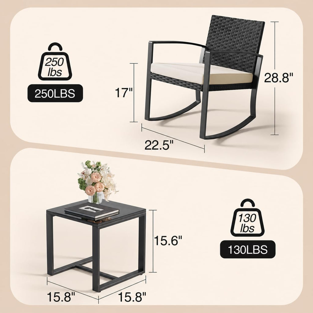 3 Pieces Porch Furniture Set Patio Rocking Bistro Set Outdoor Patio Chairs Rattan Conversation Sets with Coffee Table