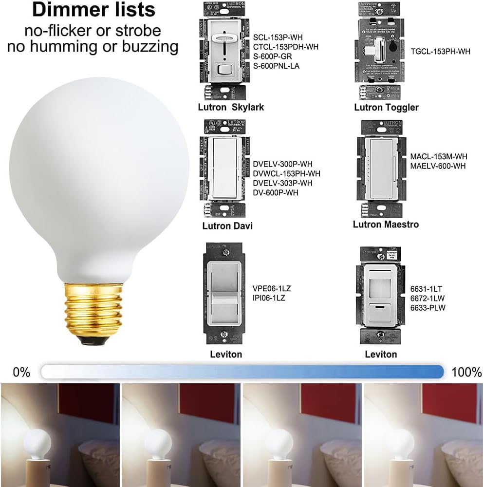 LED Light Bulb G25/G80 Dimmable Flick-Free Matt White 6W Cool White 5000k CRI95 600LM, 60W Equivalent Vintage LED