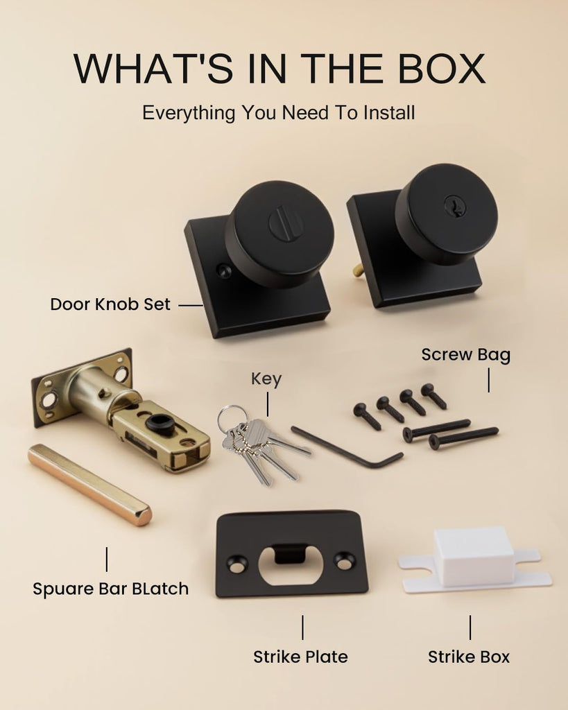 Entry Door Knob with Lock and Key - Zinc Alloy Matte Black Front Door Lockset or Interior Use