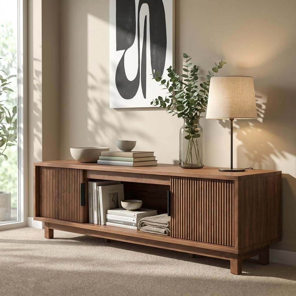 Fluted TV Stand, Mid Century Modern TV Stands, Walnut Entertainment Center for 55/60/65 Inch TV, Media Console with