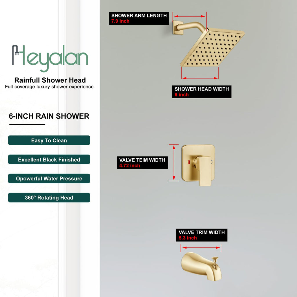 6 Inch Shower Faucet Set with Tub Spout and Valve, Brushed Gold