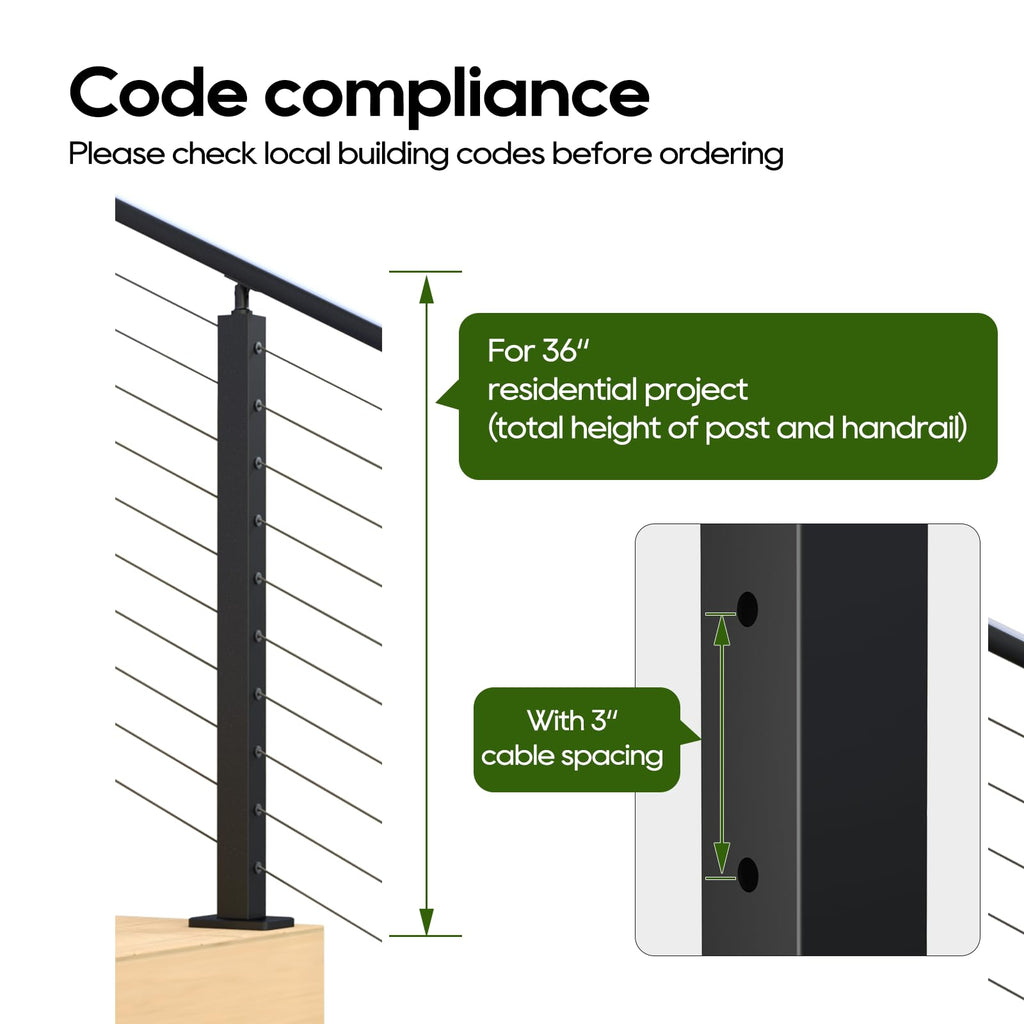 Stair Cable Railing Post 36" (35"X2"x2"), Angle Drilled Stainless Steel Deck Railing Post, Black Stair Angle Holes