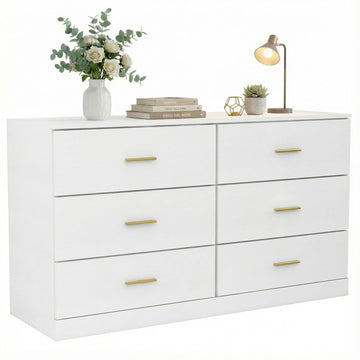 47" Modern White Dresser, 6 Drawer Dresser with Gold Handles