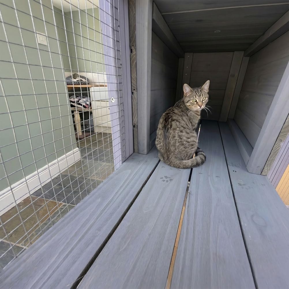 70 Inch Catio Outdoor Cat Enclosure, Large Wooden Cat House with Waterproof Fabric Roof, Solid Wood Frame and Metal