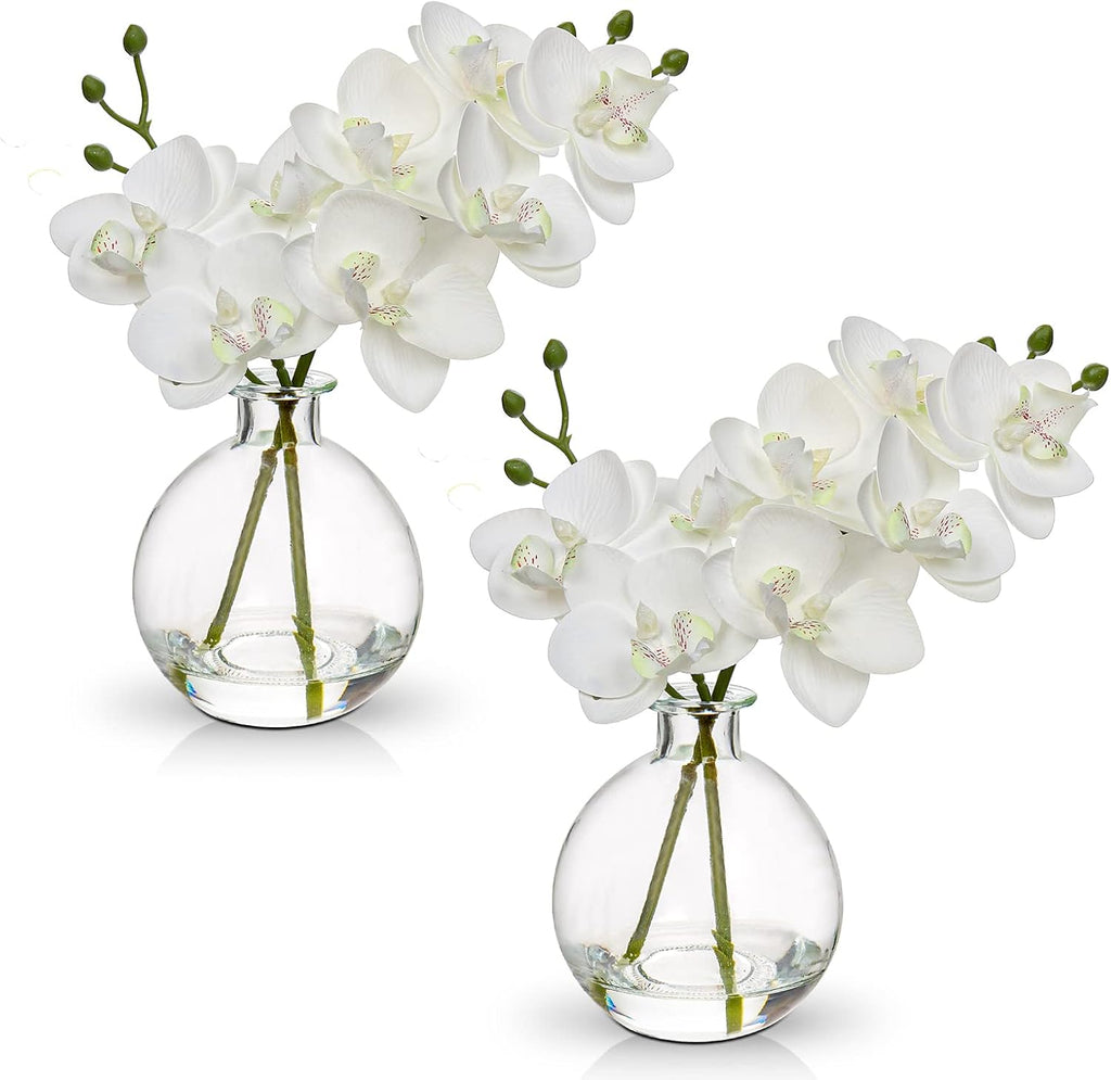 White Orchids Artificial Flowers Faux Orchid Arrangement with Clear Glass Vase Set of 2 Real Touch Phalaenopsis