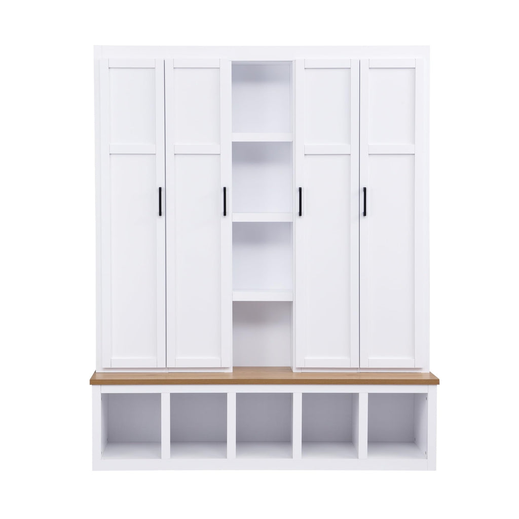 Modern Farmhouse Hall Tree with Bench, 4-in-1 Entryway Storage Cabinet & Shoe Organizer with Hooks, White