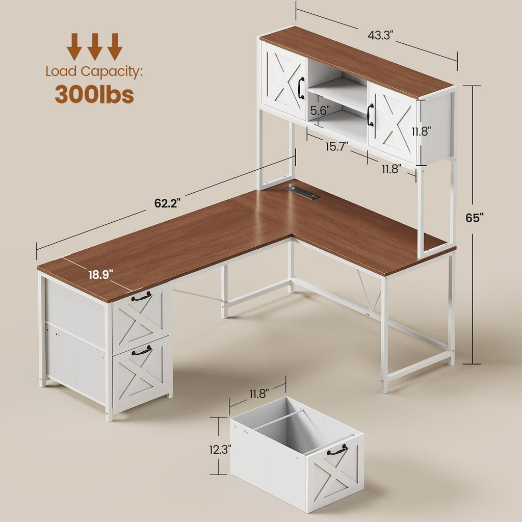 Reversible Farmhouse L Shaped Computer Desk with Drawers, Hutch