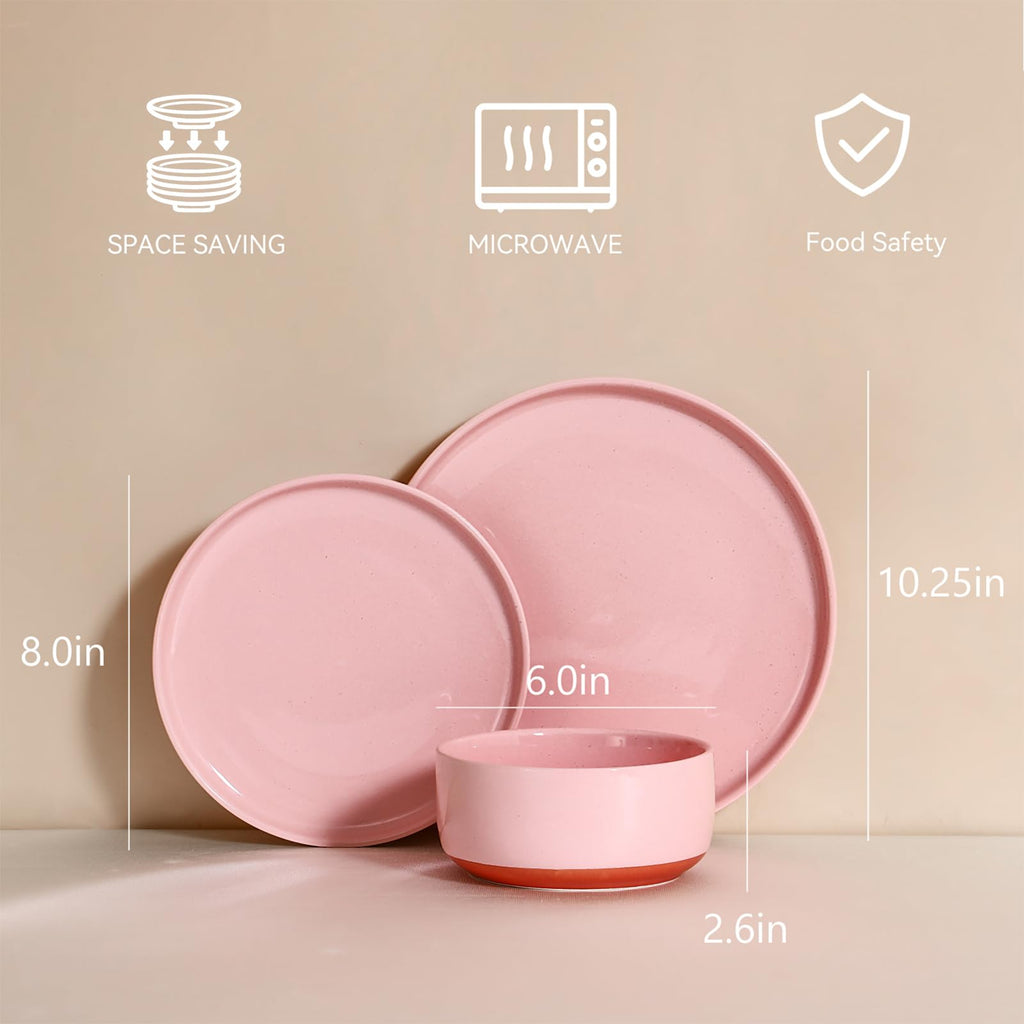 12 Pcs Stoneware Plates and Bowls, Dinnerware Sets for 4, Blush Pink