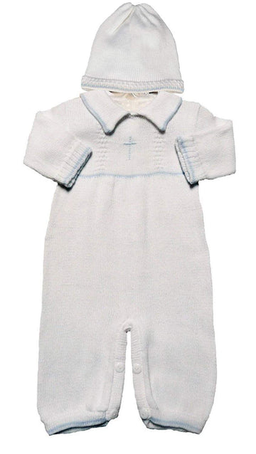 Boy's White Cotton Knit Christening Baptism Longall w/Blue Cross and Hat NB