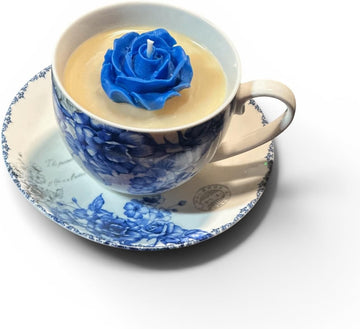 K_R Afternoon Tea Scented Candle in Blue Floral Porcelain Teacup with Saucer, White Tea Fragrance, Hand Poured - Set of 6