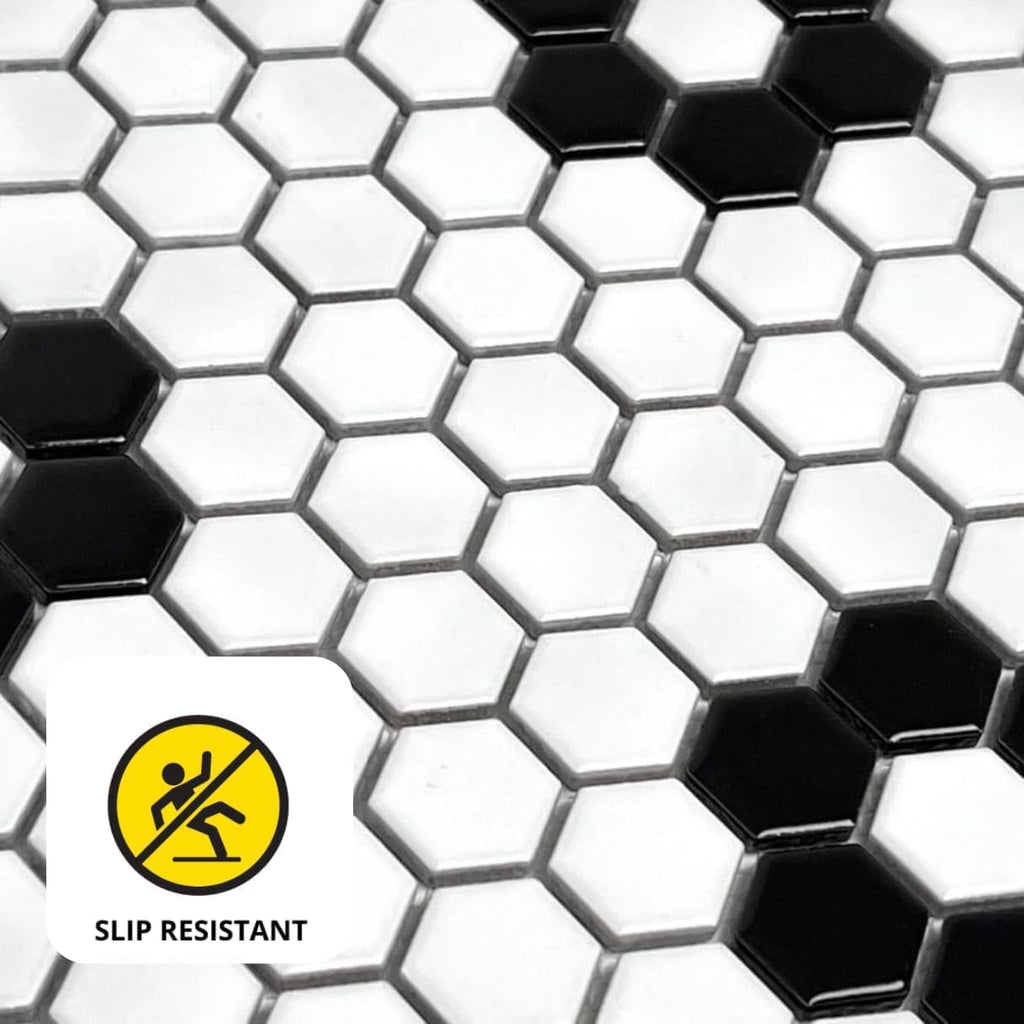 Hexagon Matte White with Black Hexagon Flower Pattern Porcelain Mosaic Floor and Wall Tile Backsplash, Bathroom