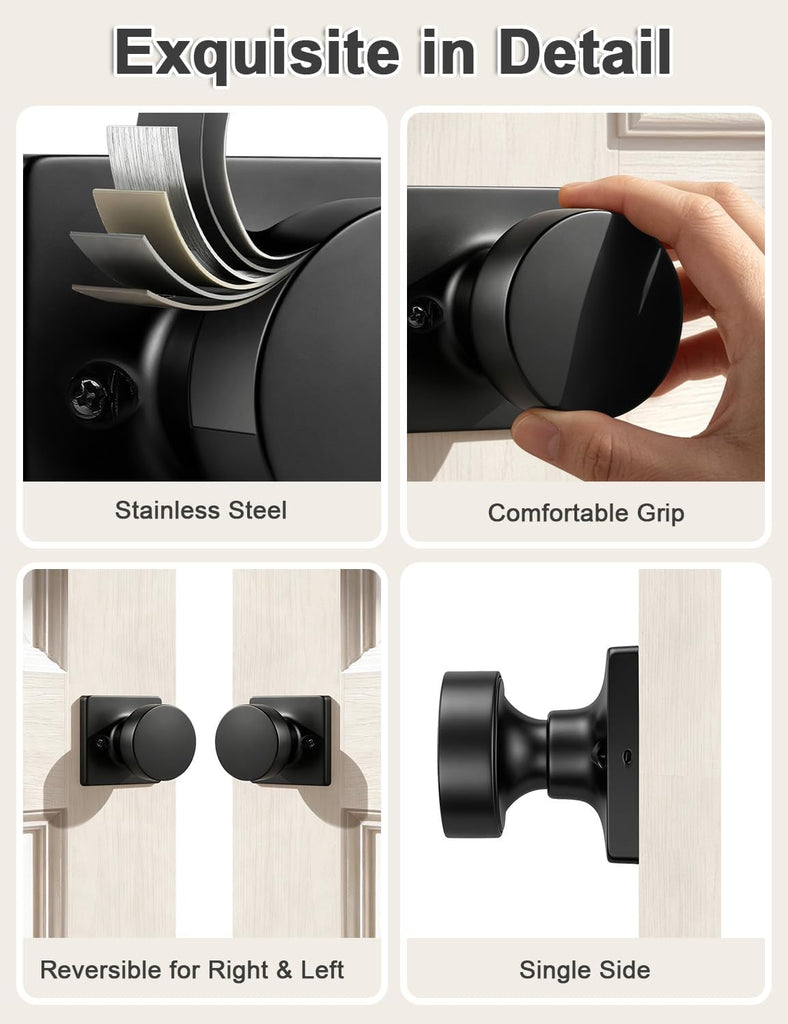 Dummy Door Knob Matte Black Finish, 2 Pack Standard Size Interior Door Handles Single Sided Dummy Door Handles, Flat