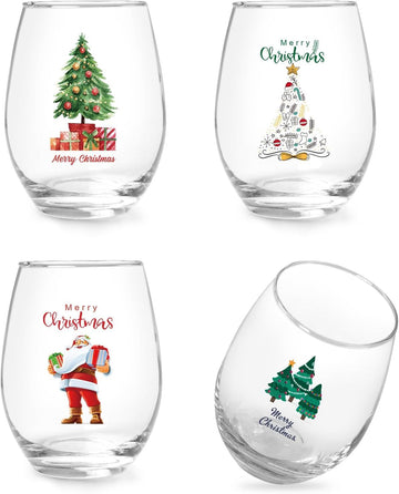 Merry Christmas Wine Glasses Set of 4, Santa Tree Stemless Wine Glasses, Wonderful Holiday Christmas Gifts for Women