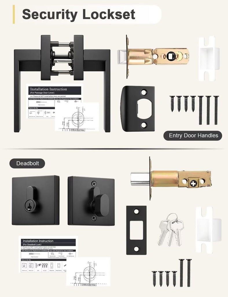 2 Pack Black Passage Door Lever with Single Cylinder Deadbolt, Exterior Square Door Handle with Deadbolt, Modern Door