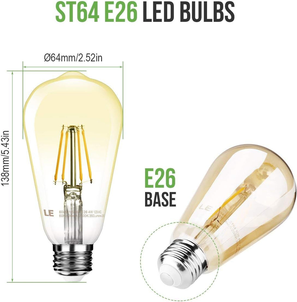 LE ST64 E26 Vintage Edison LED Bulbs, Dimmable, 4W 350 lm, 40W Incandescent Equivalent, Wide Beam Angle, Pack of 6