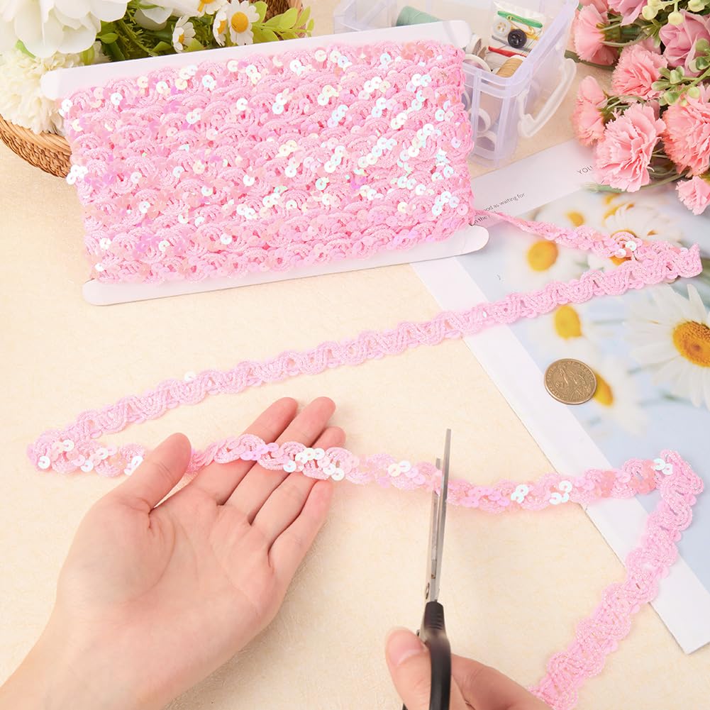Pink Sequin Trim Flat Sequins Beaded Strip Rick Rack Wave Woven Braid Trimming Metallic Glitter RIC Rac - 12 Yards