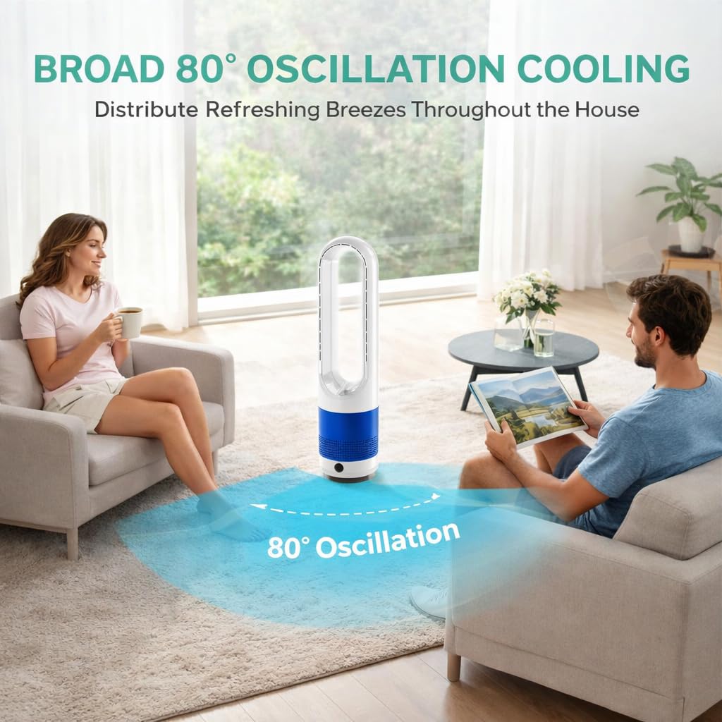 22" Bladeless Tower Fan with Remote Control, 80° Oscillating Tower Fan , 8 Speeds, 8H Timer, Quiet Cooling Fan with
