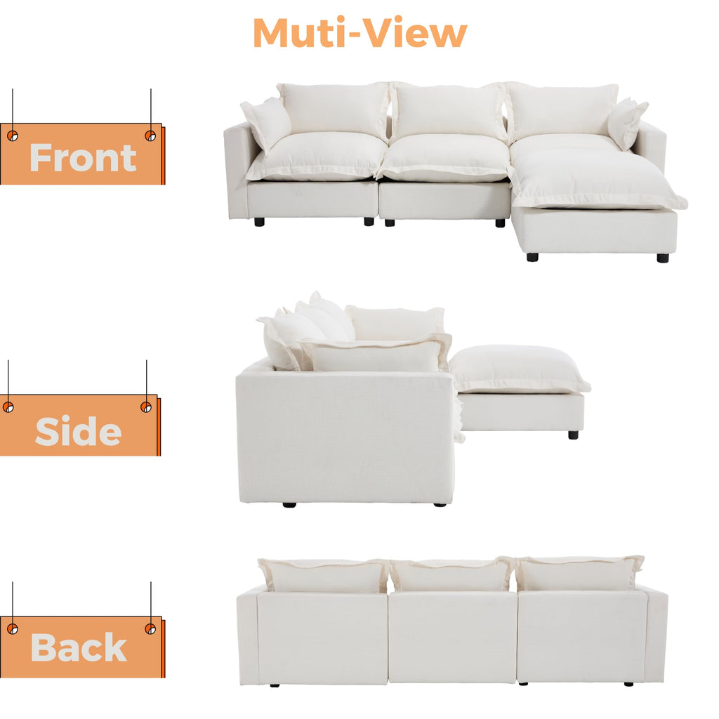 97" Modular Sectional Sofa with Moveable Ottoman Upholstered Deep Seat Linen Couch Set with Soft Pillows L Shaped