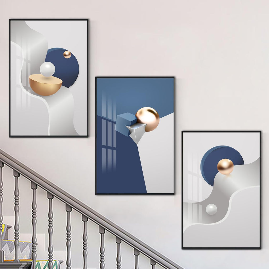 3Pcs Modern Blue Gray Geometric Abstract Framed Canvas Wall Art Decor
