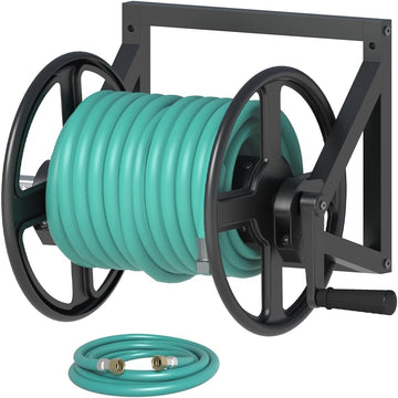 Garden Hose Reel Wall Mounted, Outdoor Heavy Duty Powder Coated Metal Water Hoses Holder Winder Holds 125 ft 5/8"