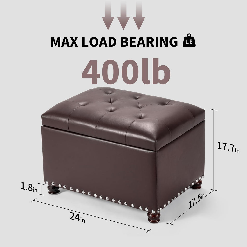 Bonded Leather Square Tufted Storage Footstool, 18" ottoman, Dark Brown
