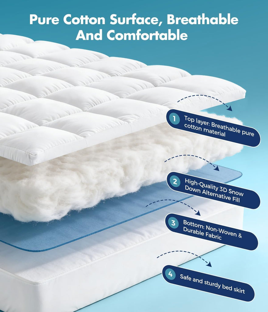 Full Cotton Mattress Topper, Extra Thick Pillow Top Mattress Pad | 100% Pure Cotton Surface, Cooling Plush Bed Cover