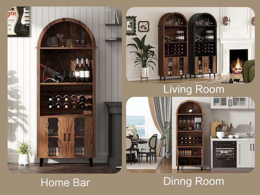 71" Farmhouse Arched Bar Cabinet with Wine Rack, Brown Wine Cabinet | 16 Glass Holder, Farmhouse Style, 15-Bottle
