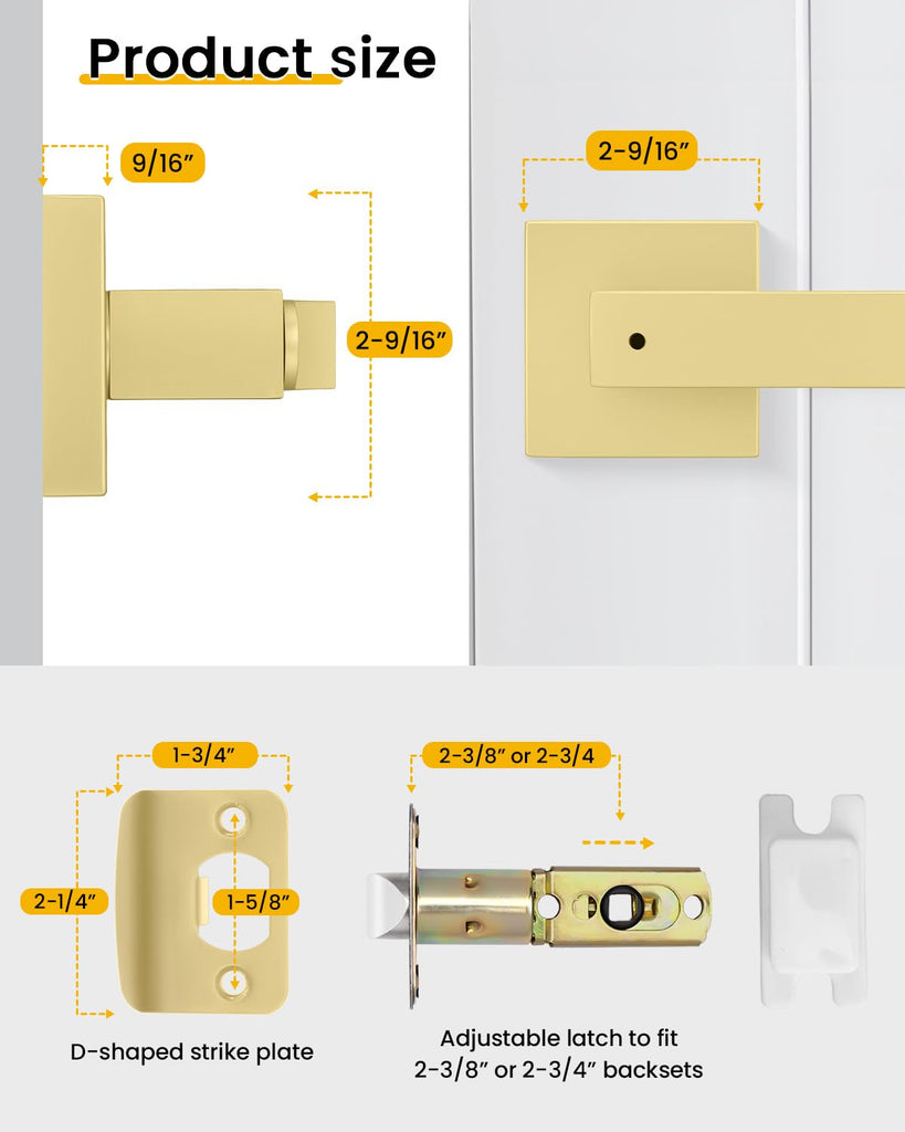 Brushed Gold Privacy Door Handles Interior, Bedroom - 6 Pack