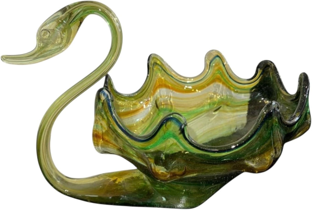 Handblown Art Glass Swan Bowl, Green Yellow Swirl, Decorative Centerpiece, Murano Style