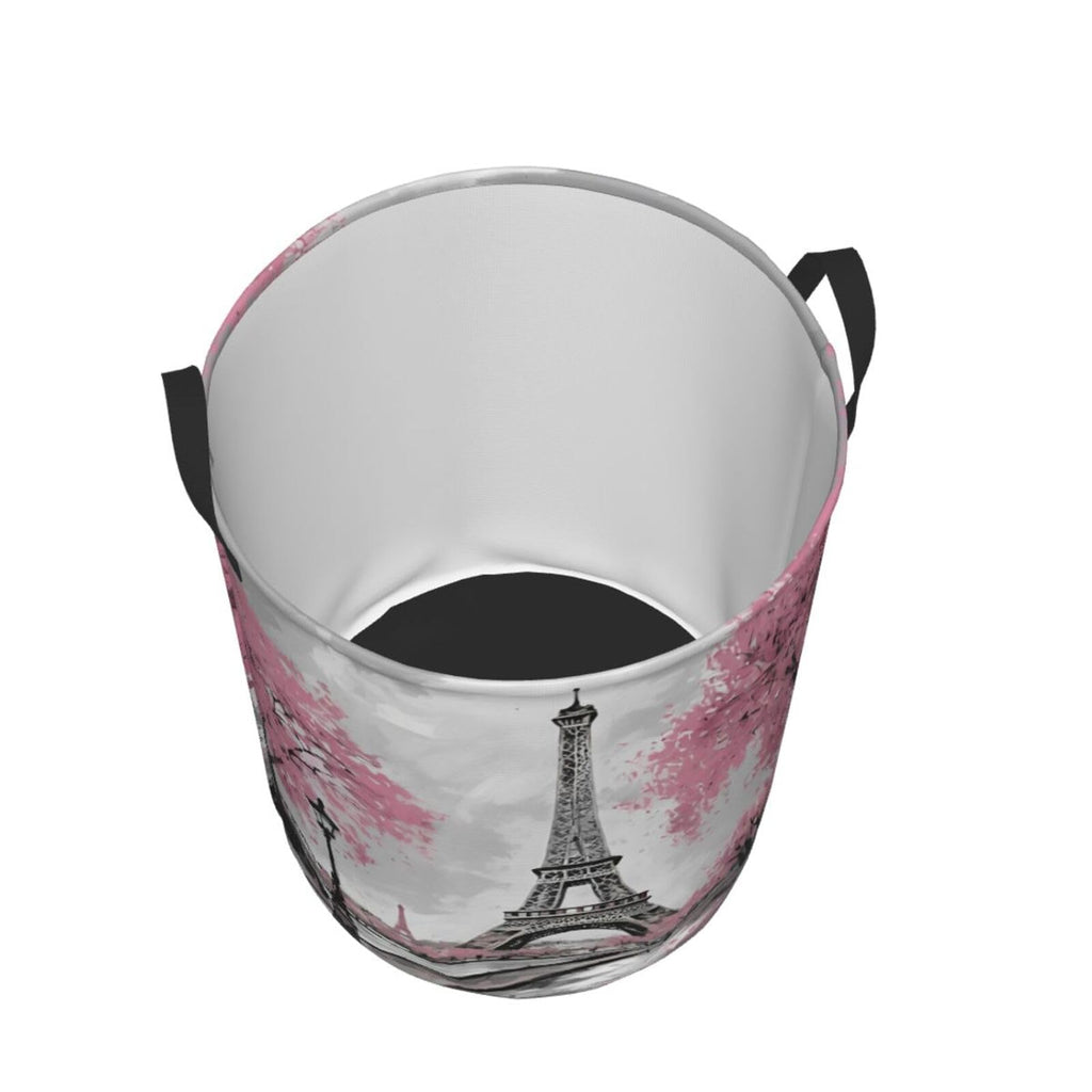 62l Round Laundry Hamper Retro Paris Eiffel Tower Storage Basket Waterproof Coating Organizer Bin Clothes Toys