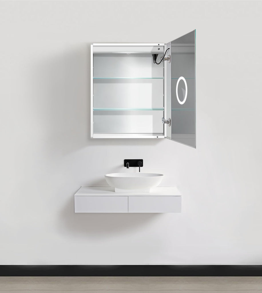 LED Medicine Cabinet 24 Inch X 30 Inch | Recessed or Surface Mount Mirror Cabinet w/Dimmer & Defogger + 3X Makeup