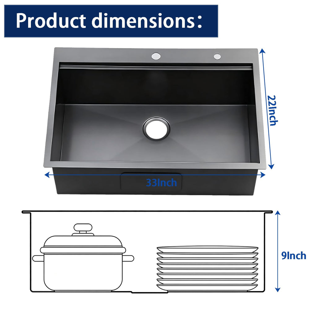 33 Inch Black Drop Sink, 33x22 Top Mount Workstation Handmade 16 Gauge Single Bowl Stainless Steel Sink with cutting
