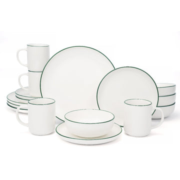16-Piece Dinnerware Set for 4 with 4 Mugs, White with green rim Stoneware Plates and Bowls Sets, Ceramic Dish Set