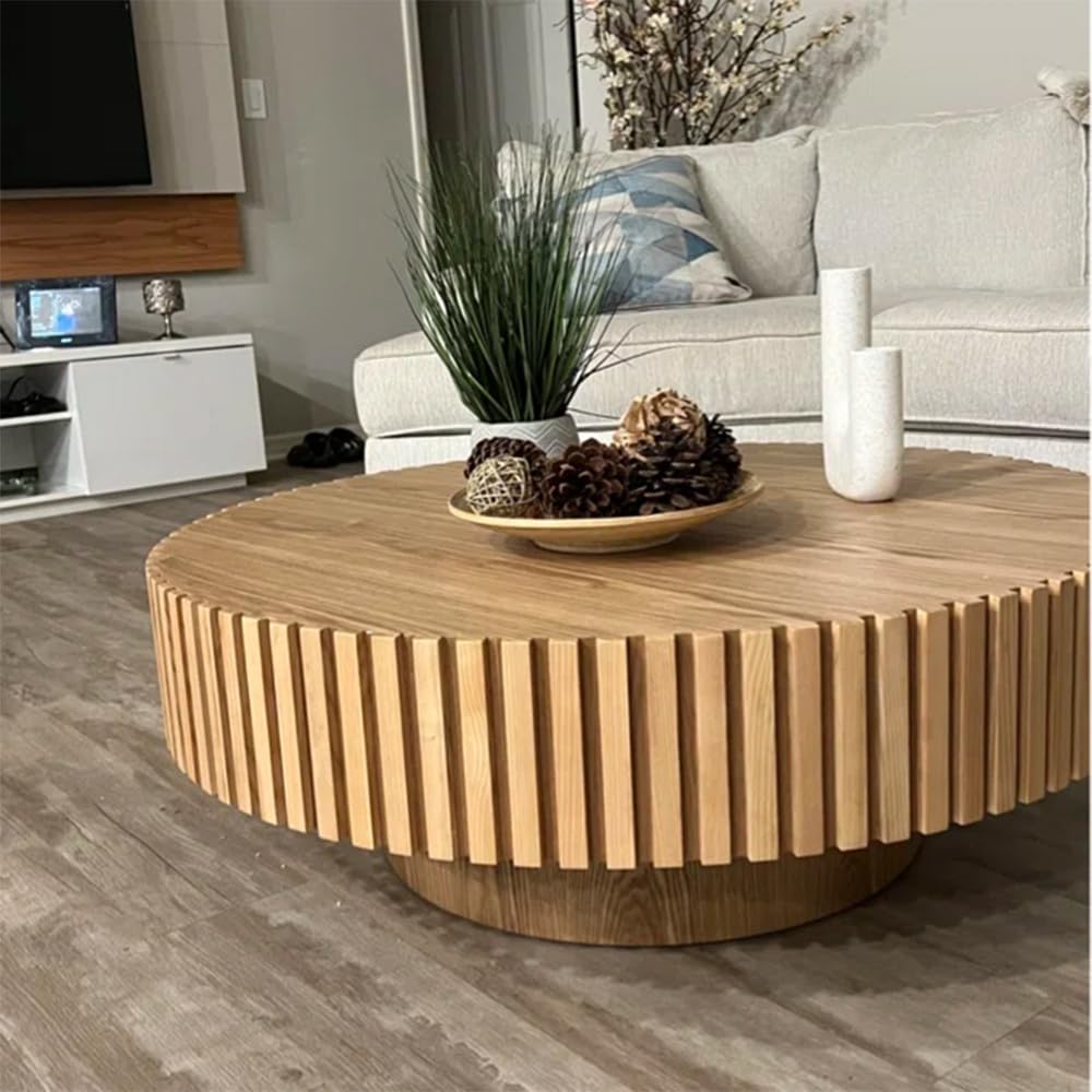 31.49''Round, Modern Wood Nesting Handcraft Circle Fluted Drum, Easy Assembly, Oak