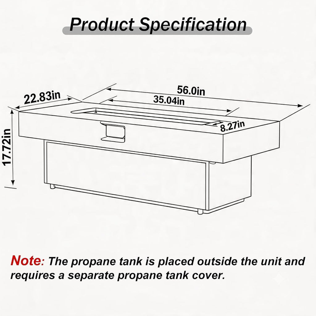 56" Fire Table 50000 BTU, Rectangle Outdoor Patio Heater | Brown & grey steel frame, 56x23x18 in, 3 heights