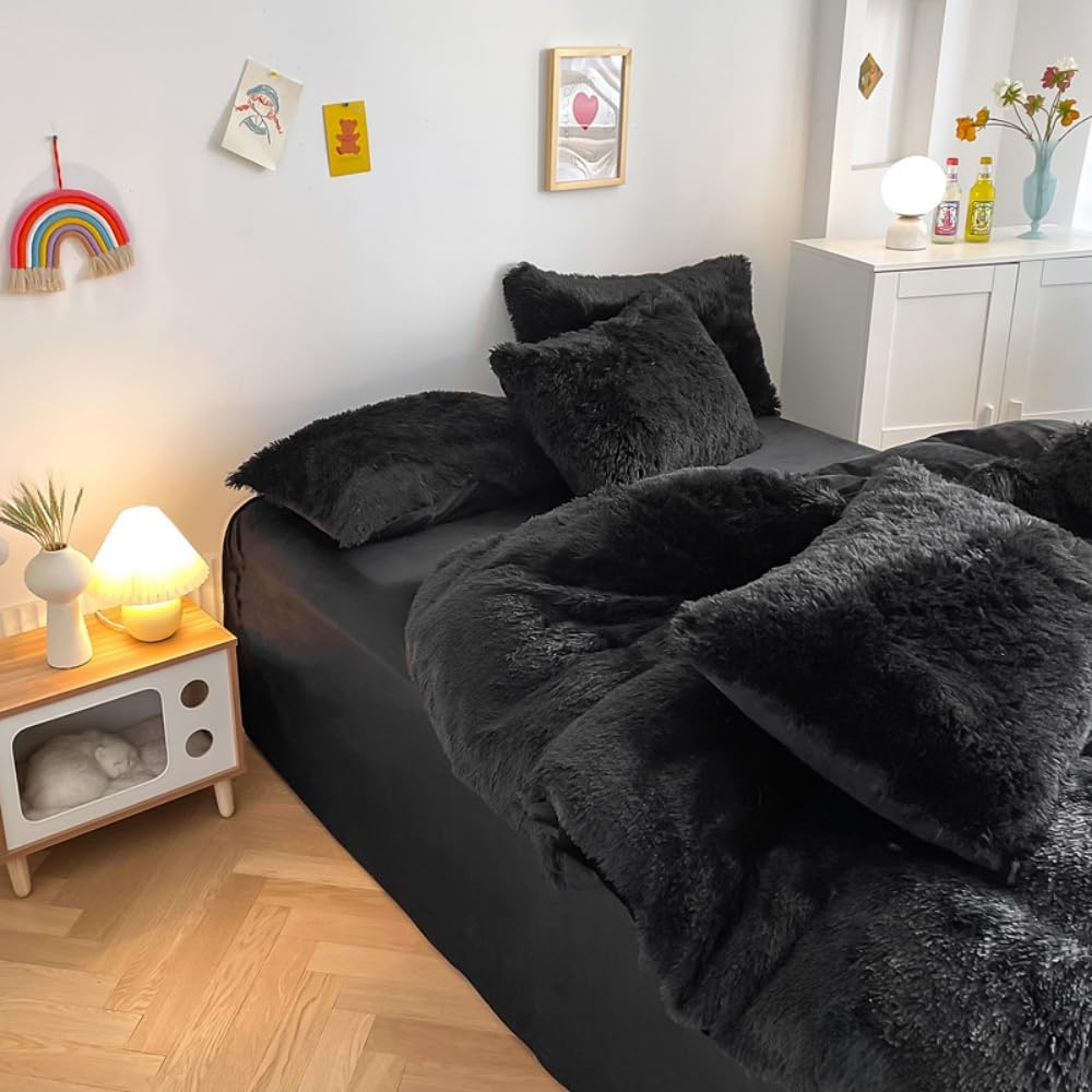 Faux Fur Plush Black Comforter Sets King - Ultra Soft Shaggy Flannel Velvet Fluffy Fuzzy 3PC Bedding Set (Comforter x