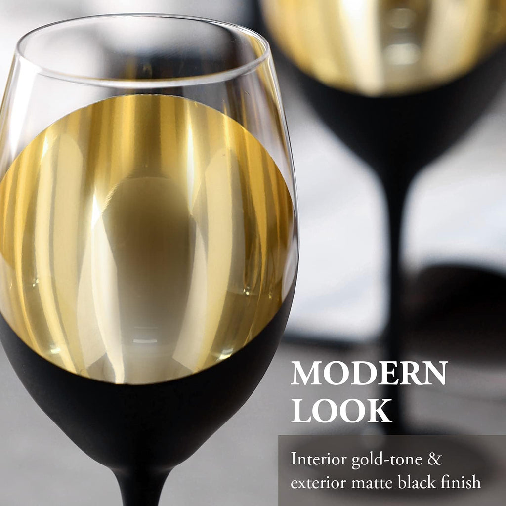 Wine Glasses Set of 4, Red Wine Glasses 14oz, Modern Matte Black & Gold Stemware, Elegant Bar Cups for Weddings