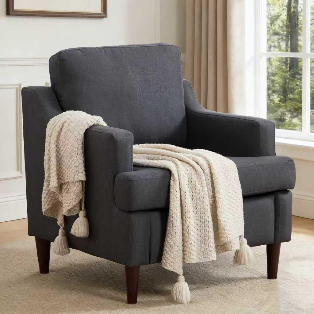 Mid-Century Accent Chair Modern Linen Fabric Armchair ,Comfy Upholstered Reading Chairs ,Single Sofa Chair with Wood