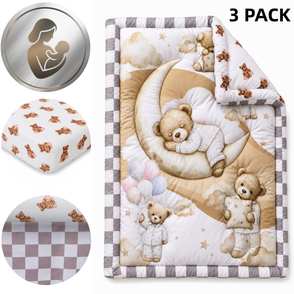 Baby Crib Bedding Set Bear Checked Neutral Nursery Comforter Bed Sets