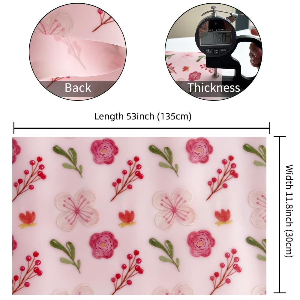 Flower Printed Pink Blossom Jelly Vinyl Roll 12"×54" Floral Translucent PVC Vinyl Fabric 0.7 mm for DIY Crafts Sewing