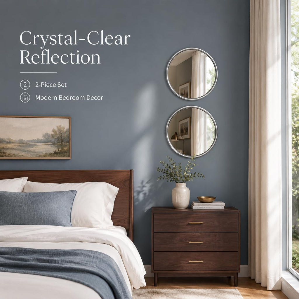 12 Inch Round Glass Mirror Set of 2, Silver Metal Framed Decorative Mirror for Wall, Non-Distortion Small Rounded