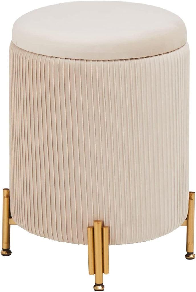 Round Ottoman Foot Stool with Storage and Metal Legs Bedroom, Velvet Upholstered Footrest Stool Support 300lbs Modern