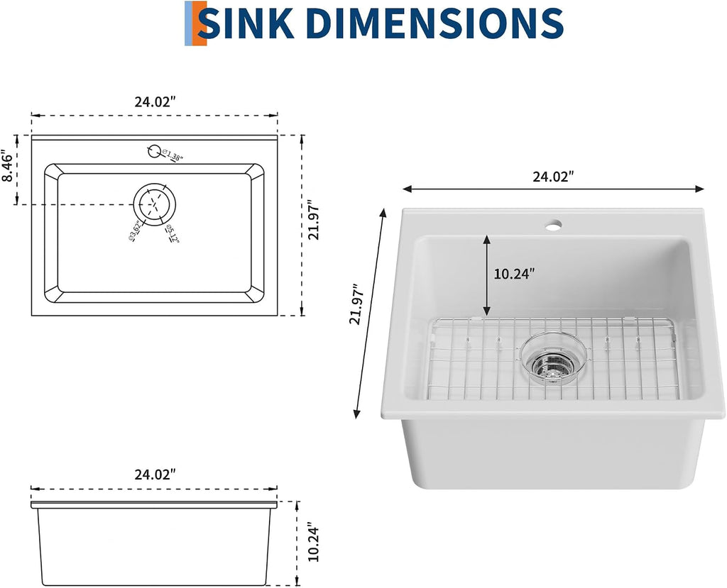 Farmhouse Sink 24 Inch, White Fireclay Ceramic Apron Front Kitchen Sink, Large Single Bowl Basin Laundry Room, Glossy