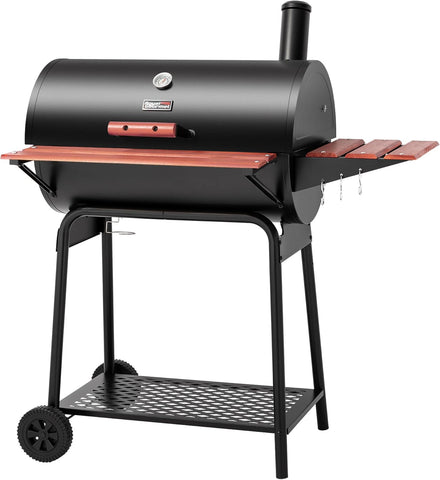 30-Inch Barrel Charcoal Grill with Wood-Painted Side Table, 627 Sq. In. Cooking Area for Outdoor Patio, Backyard, and Parties