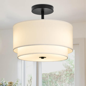 3-Light Semi Flush Mount Ceiling Light Fixture, 12.6inch Modern Close to Ceiling Light with 2-Layer White Drum Fabric