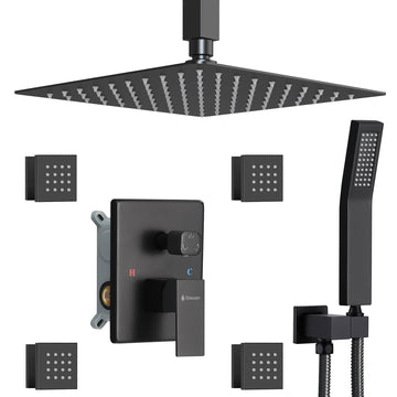 Matte Black Shower System with 4 PCS Shower Body Spray Jets & 12'' Ceiling Shower Head & Handheld Spray, Full Body